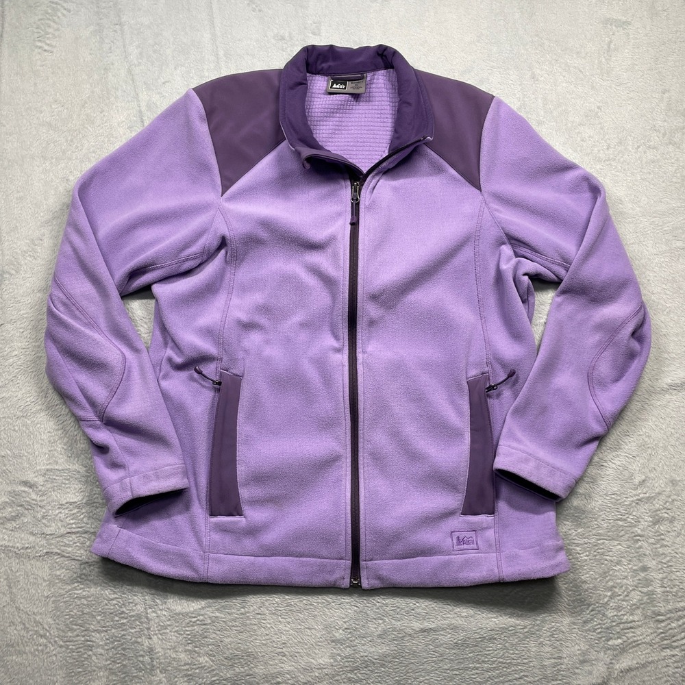 REI Fleece Jacket Women XL Purple Full Zip Colorblock Mock Neck Outdoor Layer
